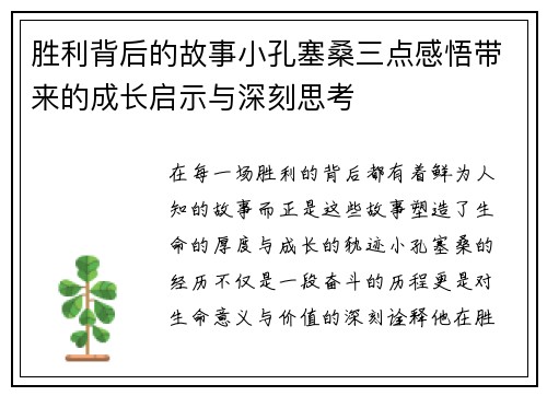 胜利背后的故事小孔塞桑三点感悟带来的成长启示与深刻思考 胜利背后的故事小孔塞桑三点感悟带来的成长启示与深刻思考