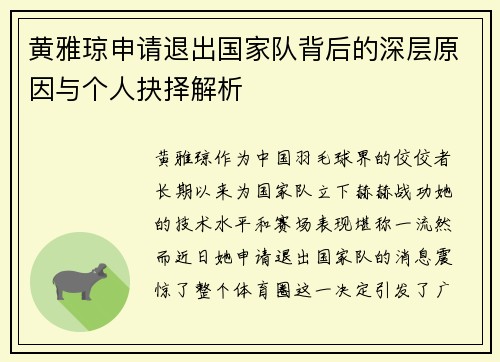 黄雅琼申请退出国家队背后的深层原因与个人抉择解析