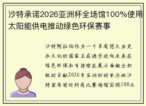 沙特承诺2026亚洲杯全场馆100%使用太阳能供电推动绿色环保赛事 沙特承诺2026亚洲杯全场馆100%使用太阳能供电推动绿色环保赛事