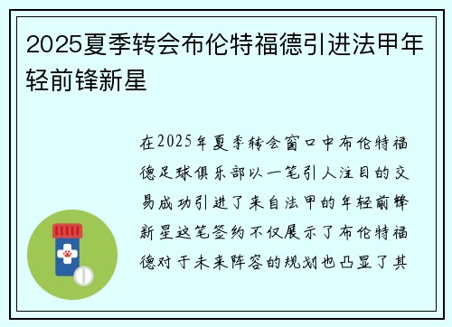 2025夏季转会布伦特福德引进法甲年轻前锋新星 2025夏季转会布伦特福德引进法甲年轻前锋新星