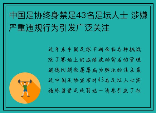 中国足协终身禁足43名足坛人士 涉嫌严重违规行为引发广泛关注 中国足协终身禁足43名足坛人士 涉嫌严重违规行为引发广泛关注
